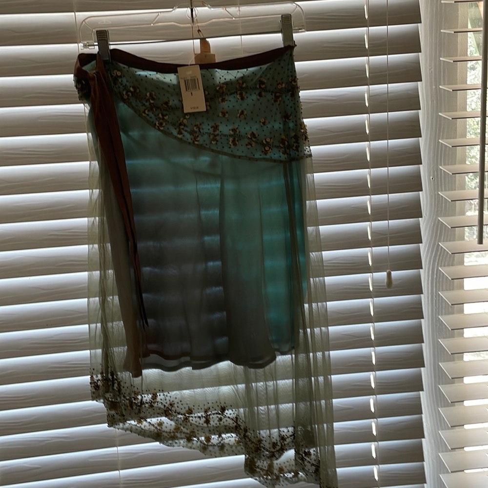 Plenty brown/turquoise asymmetrical skirt, with turquoise liner